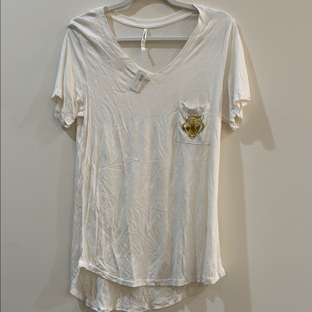 Women's White V-Neck Top with gold Tiger pocket